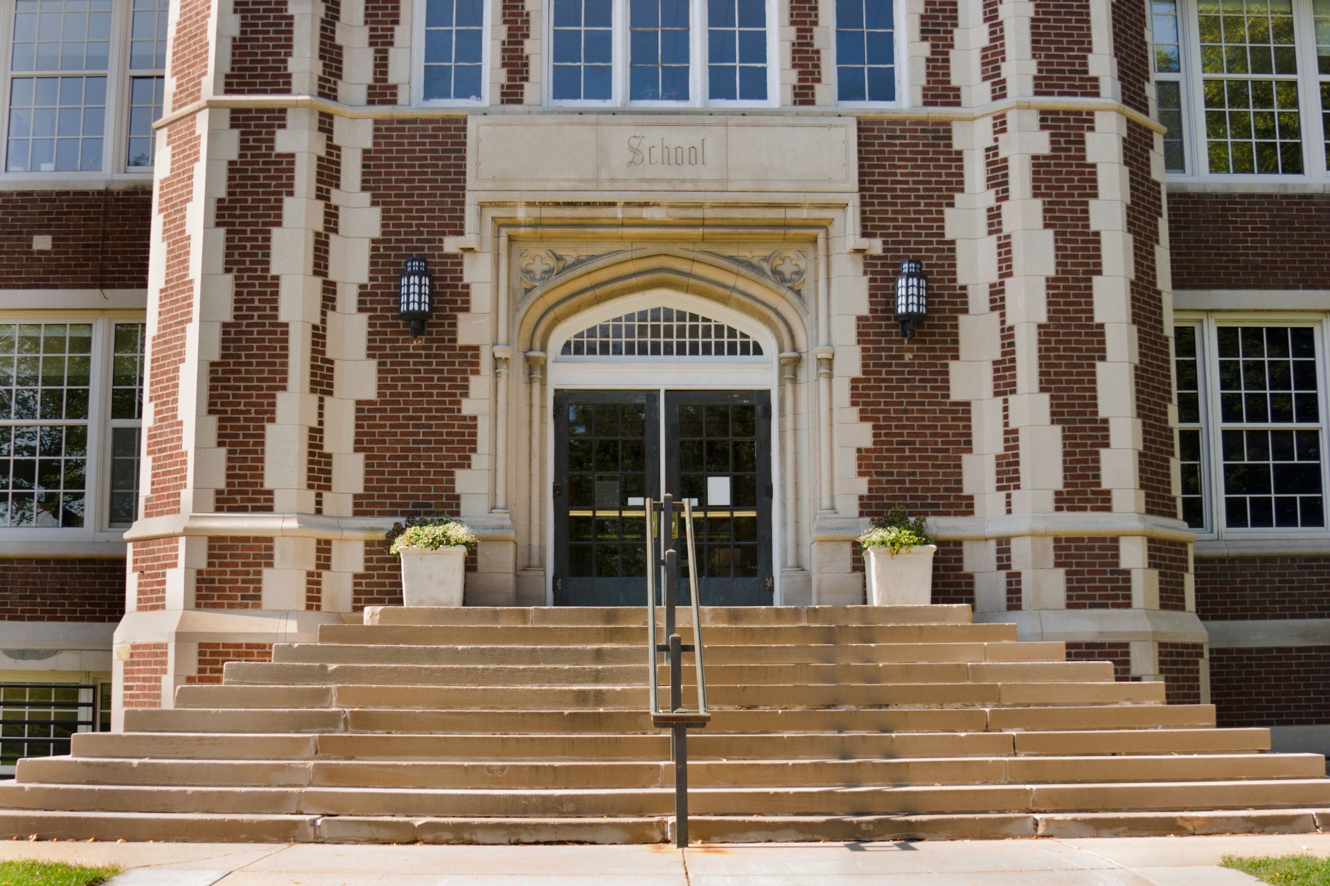School Building Exterior, an Education Brick Built Structure Front Entrance